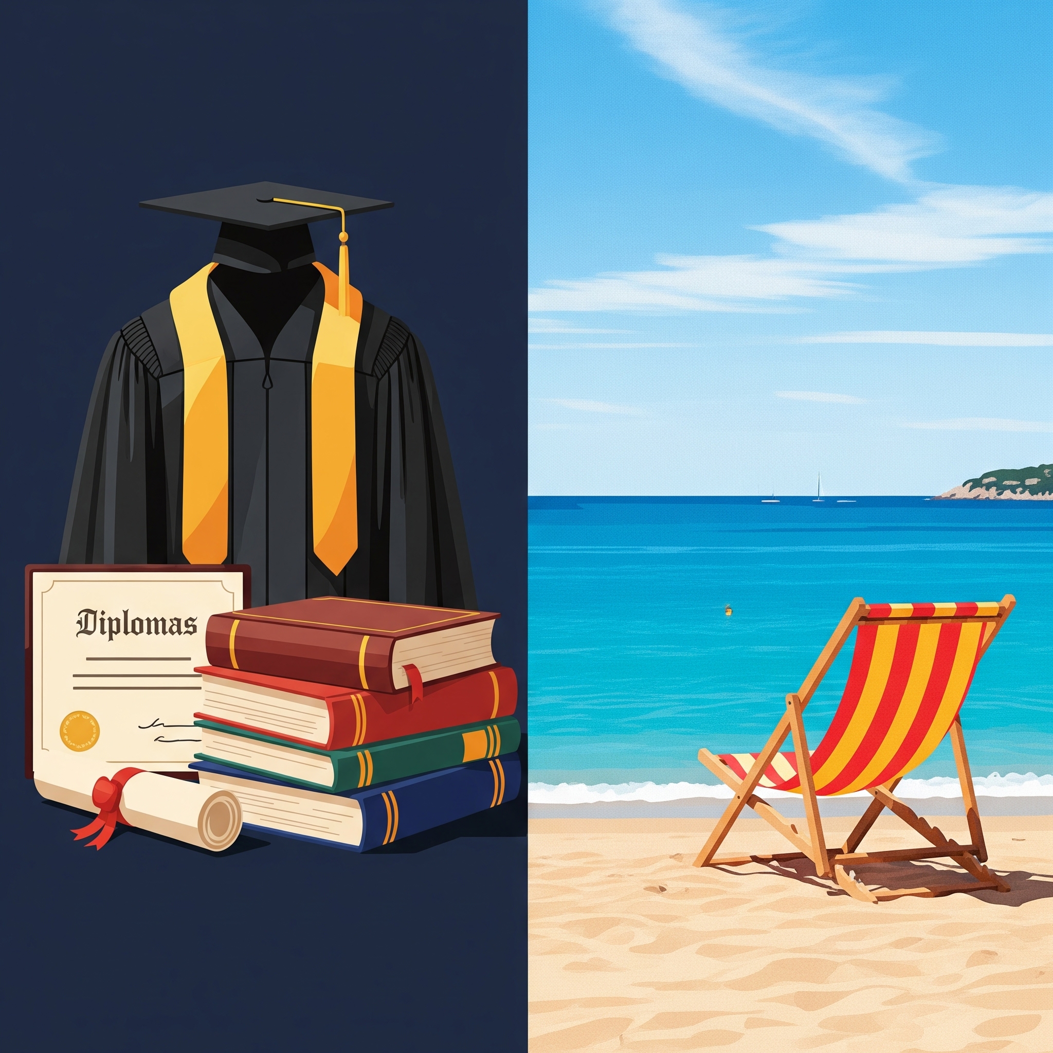 update-after-phd/panel_1.jpg A split image showing an academic gown and books on one side, and a beach chair with a view of the ocean on the other. The style is a clean, modern illustration suitable for a blog. The left side has a dark, studious feel with a diploma, while the right side is bright and airy, showing a peaceful beach in the south of France.